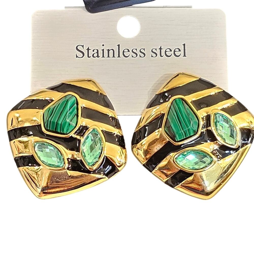 Pierced Statement Earrings Green Black Gold Stripe Gem Studs 1.13" Stainless